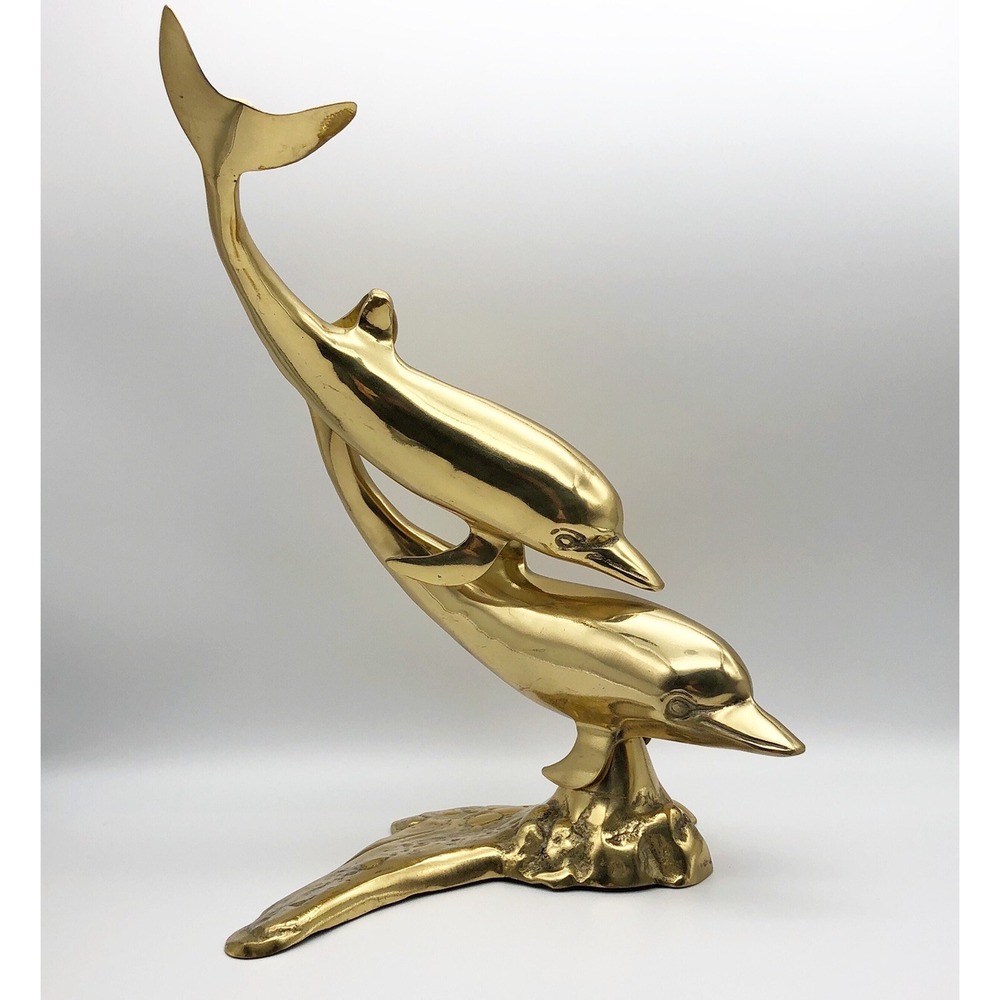 Vintage Brass Double Dolphin Sculpture Statue Large 15" Tall Figurine Ocean Sea